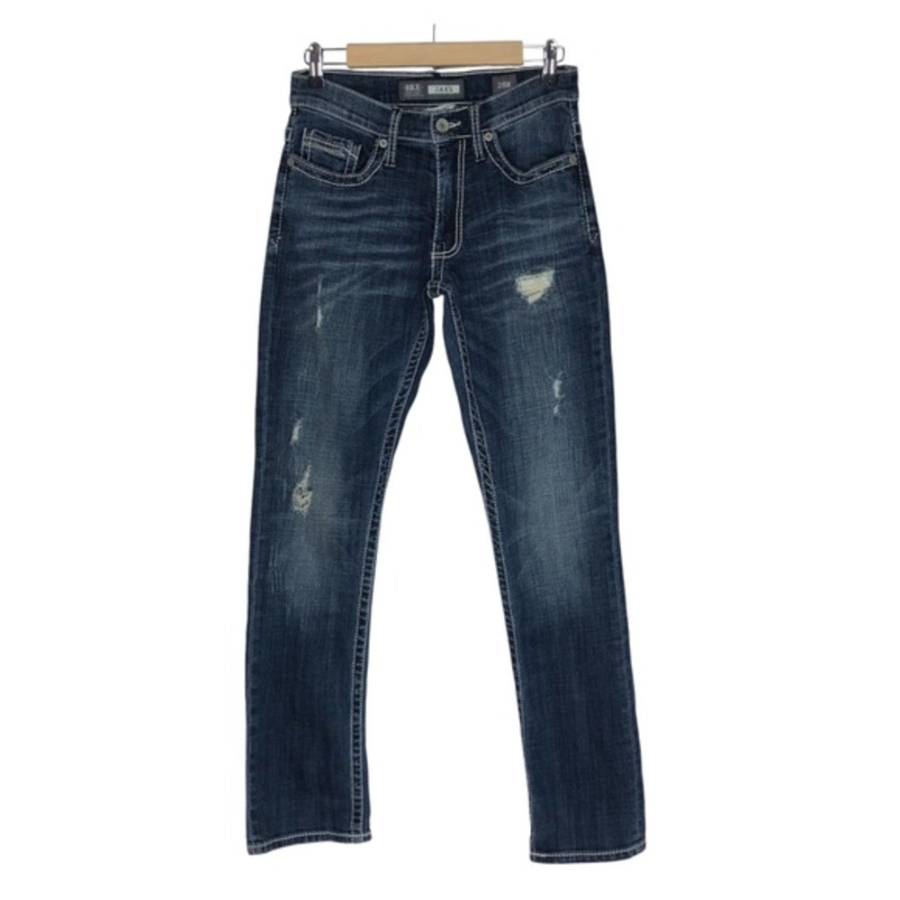 Buckle BKE JAKE Men's Distressed Blue Straight Leg Western Thick Stitch Jeans 28